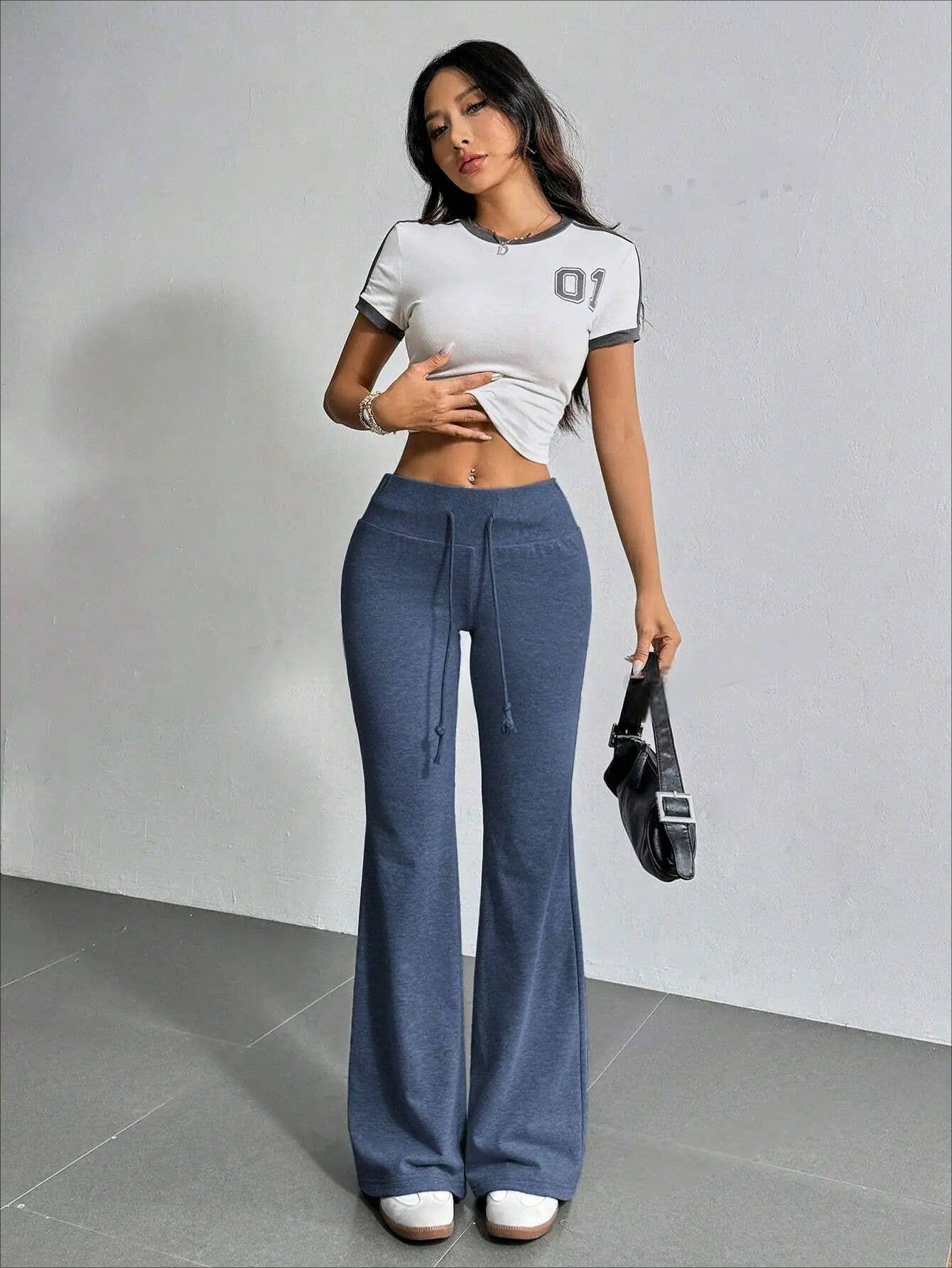DRAWSTRING HIGH-WAISTED SOLID COLOR BELL BOTTOMS