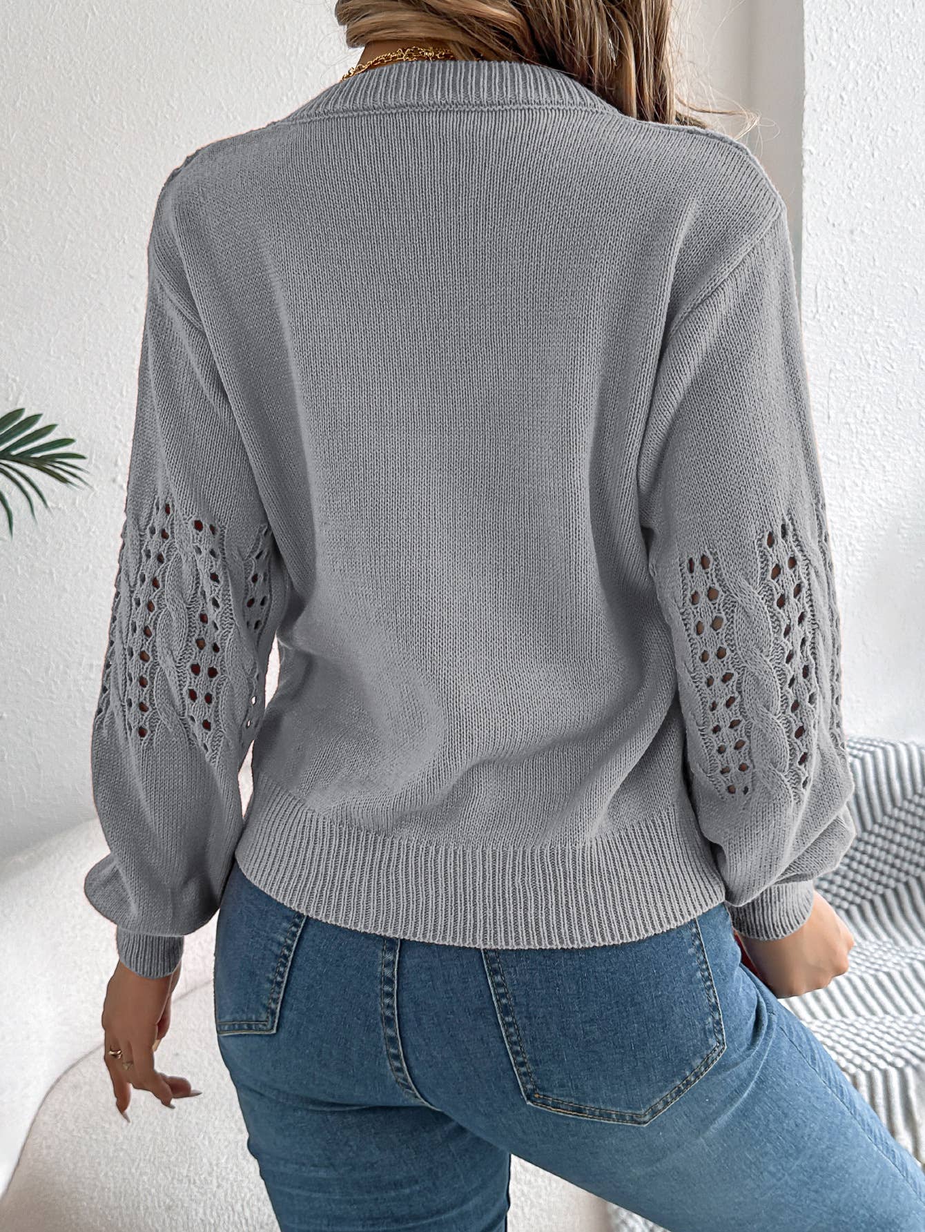 SOLID COLOR HOLLOW-OUT LANTERN SLEEVE SWEATER