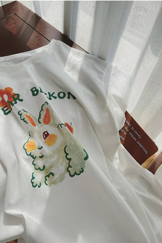 Cwtts1002_Cute Bunny Print Crew Neck T Shirt