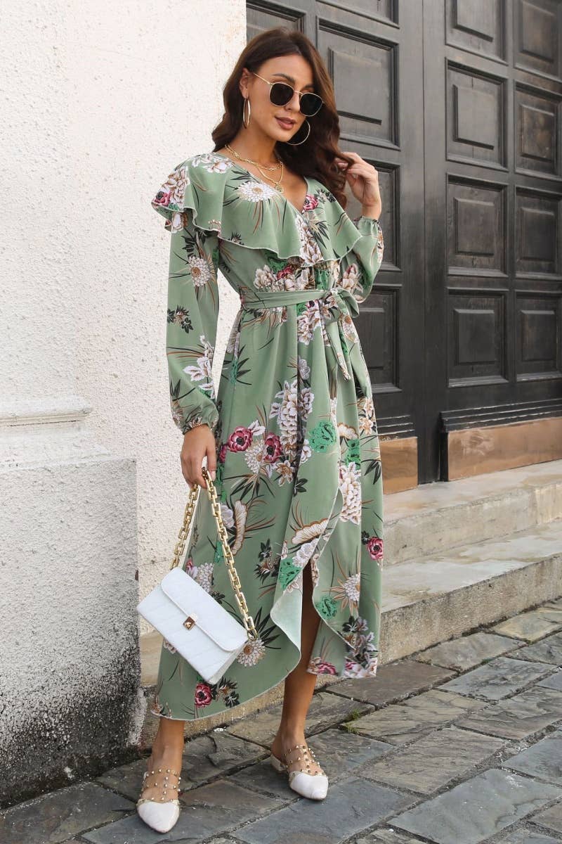 CWDMD3960_FLORAL PRINT LONG-SLEEVED WAISTLINE DRESS