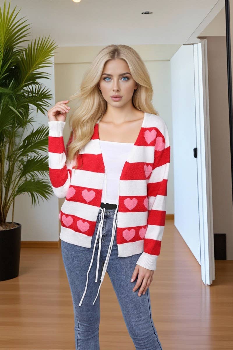CWOCAL00798_COLORBLOCK HEART TIE FRONT KNIT CARDIG