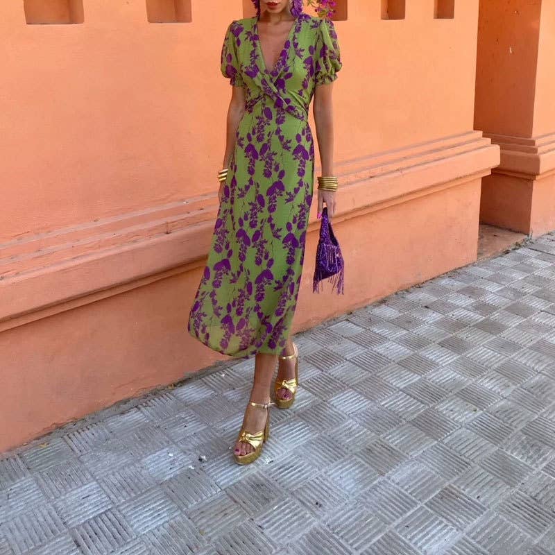 Fashion pleated print slim V-neck dress