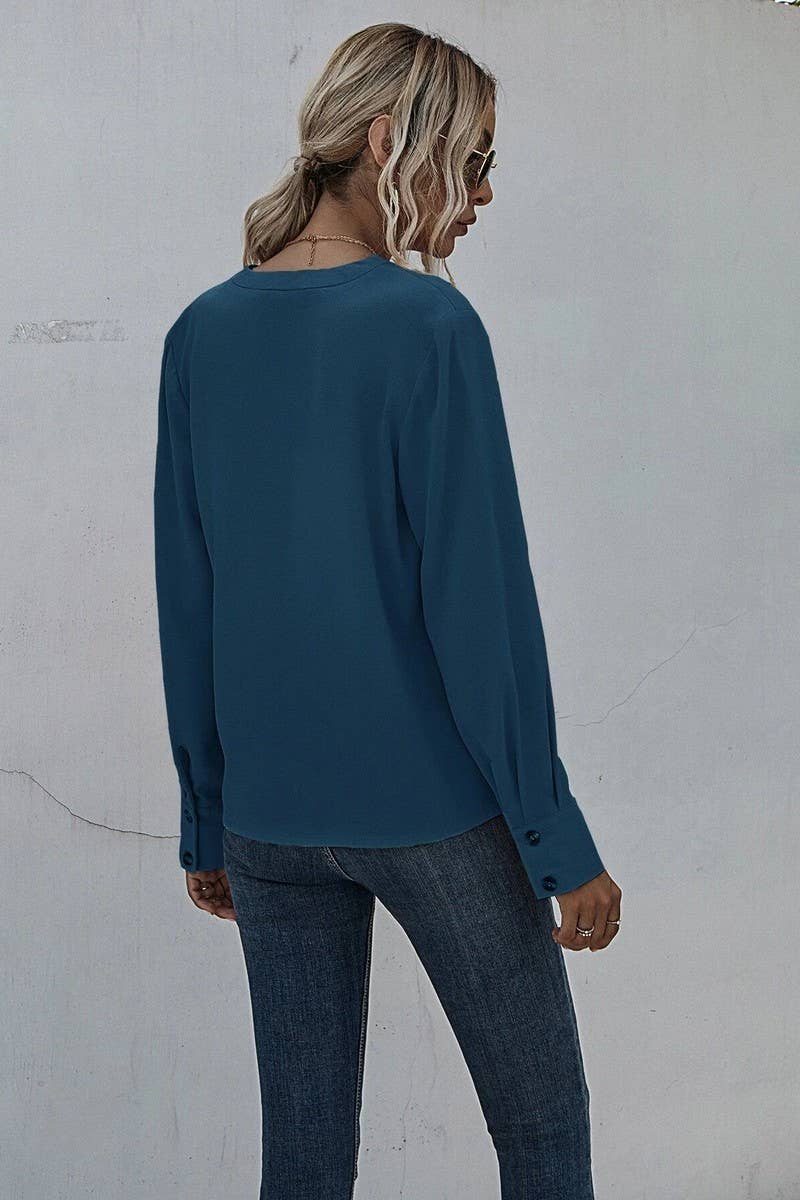 V NECK LONG SLEEVED PLEATED PULLOVER SHIRT_CWTSTL0695