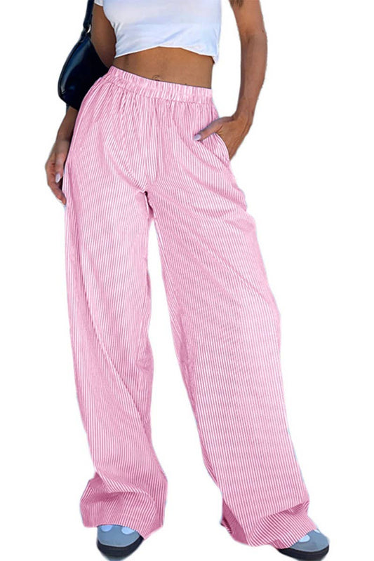 CWBLP1595_CASUAL STRIPED PRINT LOOSE WIDE-LEG TROUSERS