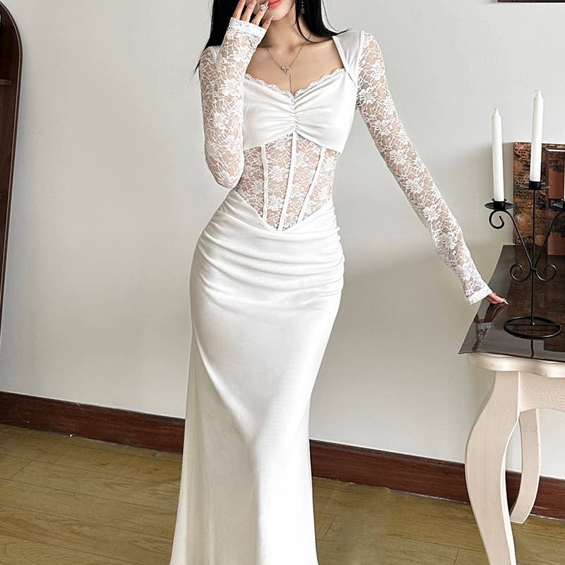 LACE PATCHWORK DESIGN HOLLOW SLIM DRESS