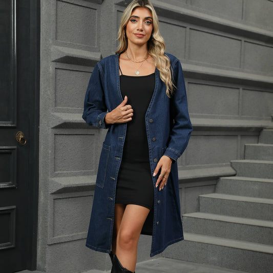 WASHED DENIM LONG COAT TRENCH CARDIGAN