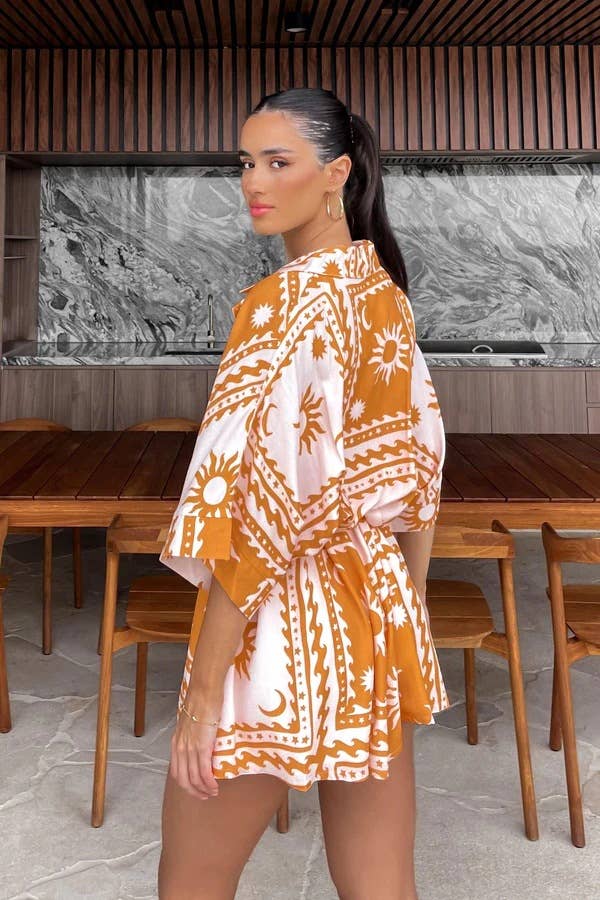 Waist-cinched lace-up V-neck geometric jumpsuit