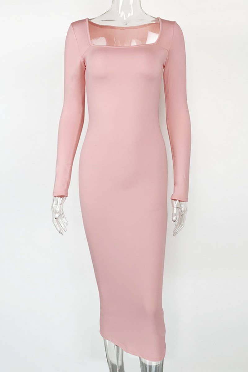 CWDMD4902_SOLID COLOR SLIM SQUARE NECK LONG SLEEVE DRESS