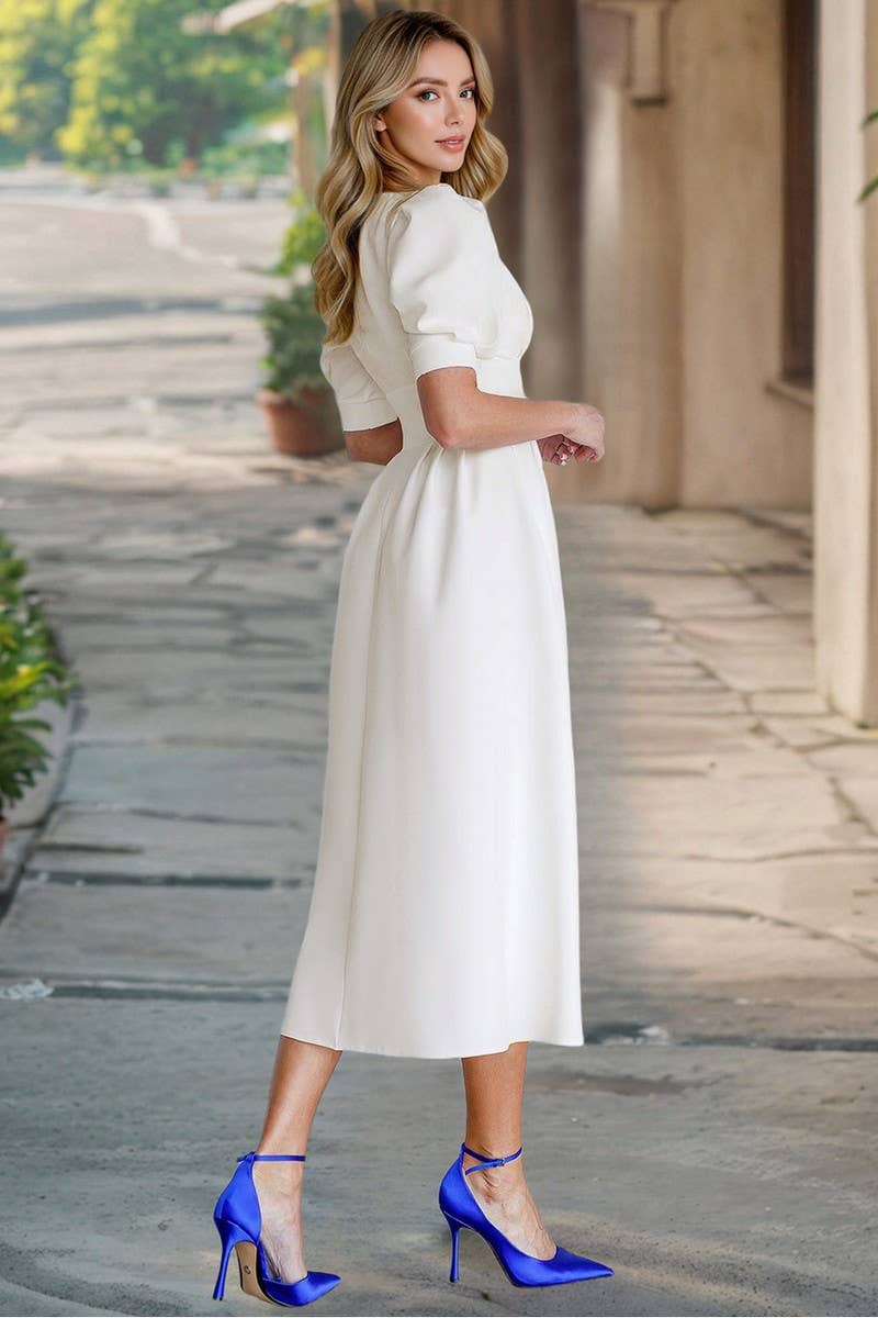 CWDMD6126_SOLID V-NECK LANTERN SLEEVE BODYCON DRESS