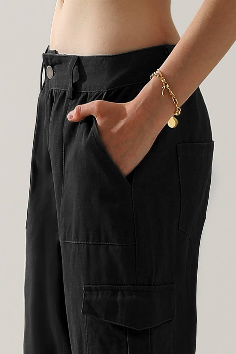 CWBLP421_Cargo Cotton Pants Wide Leg Casual Pants 4 Pockets