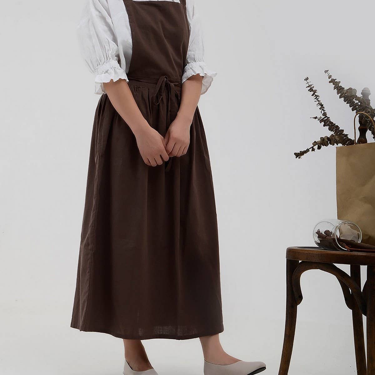 Pleated thin linen Apron with pockets vintage_CWMM3309