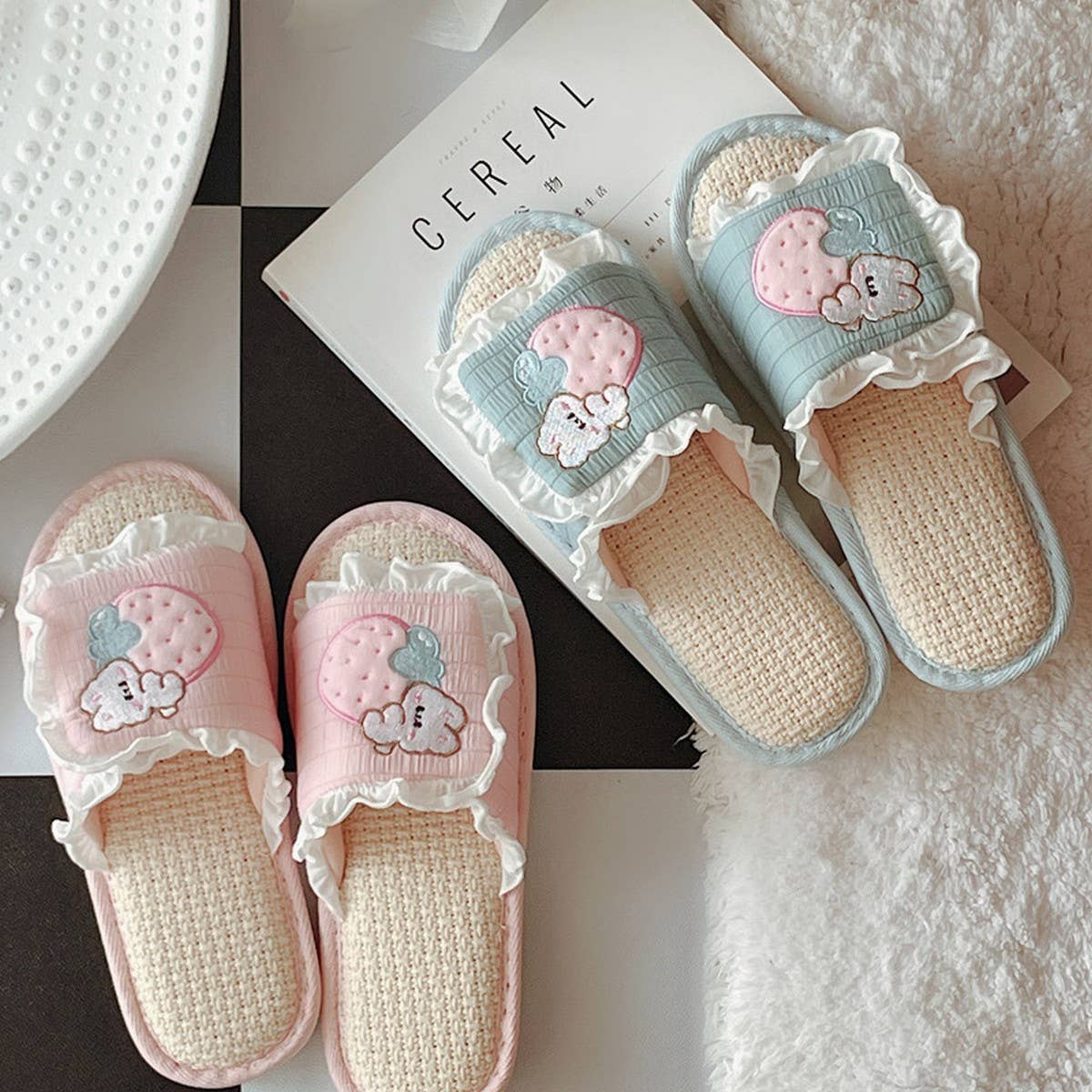 SWEET RUFFLED BREATHABLE LINEN SLIPPERS FOR WOMEN