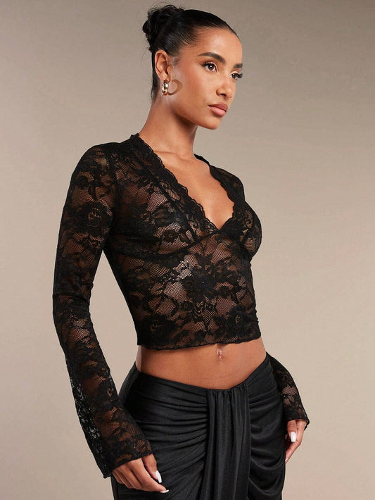 Transparent lace V-neck tight flared top
