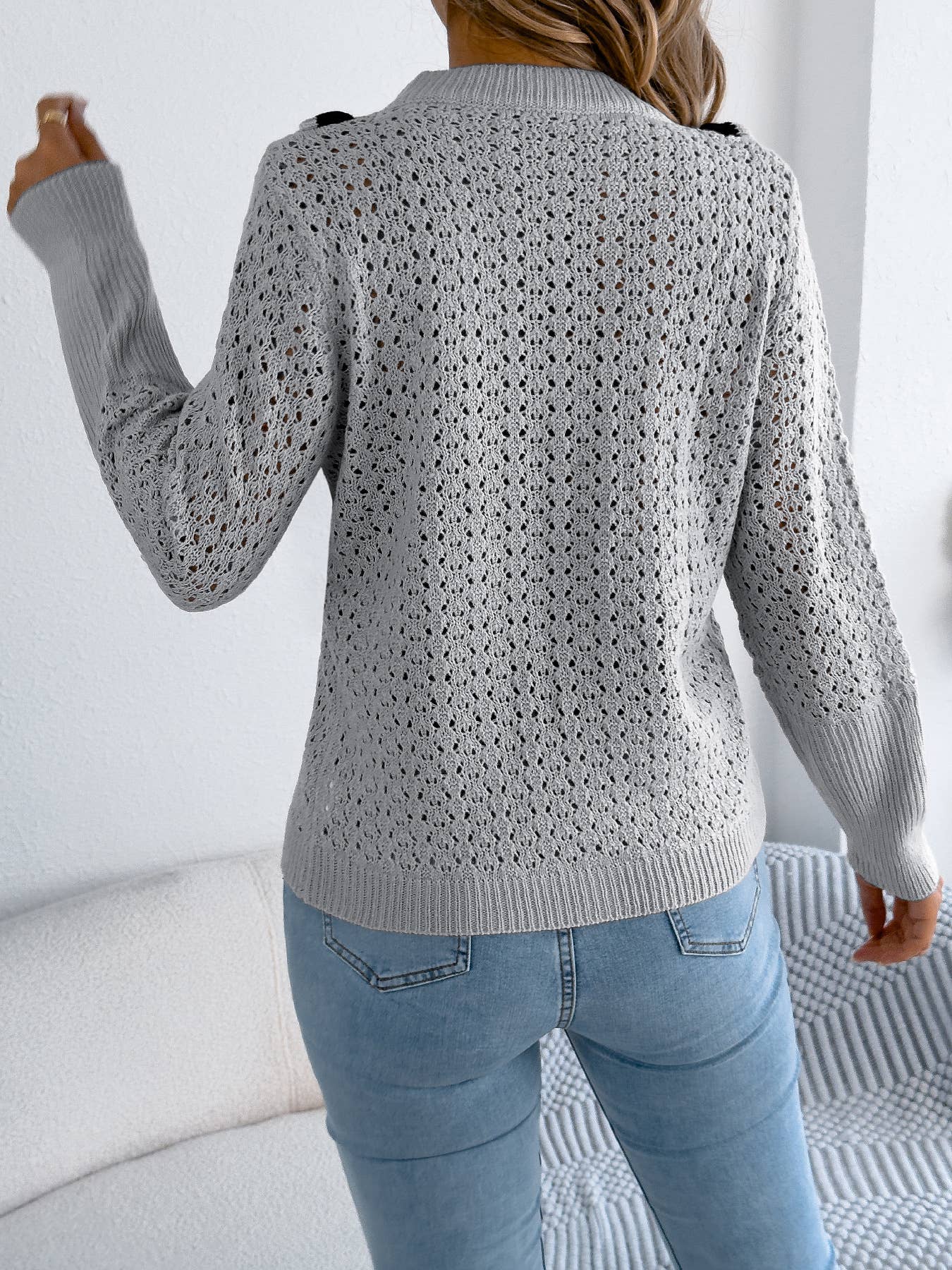 Wooden ear side long sleeve hollow sweater