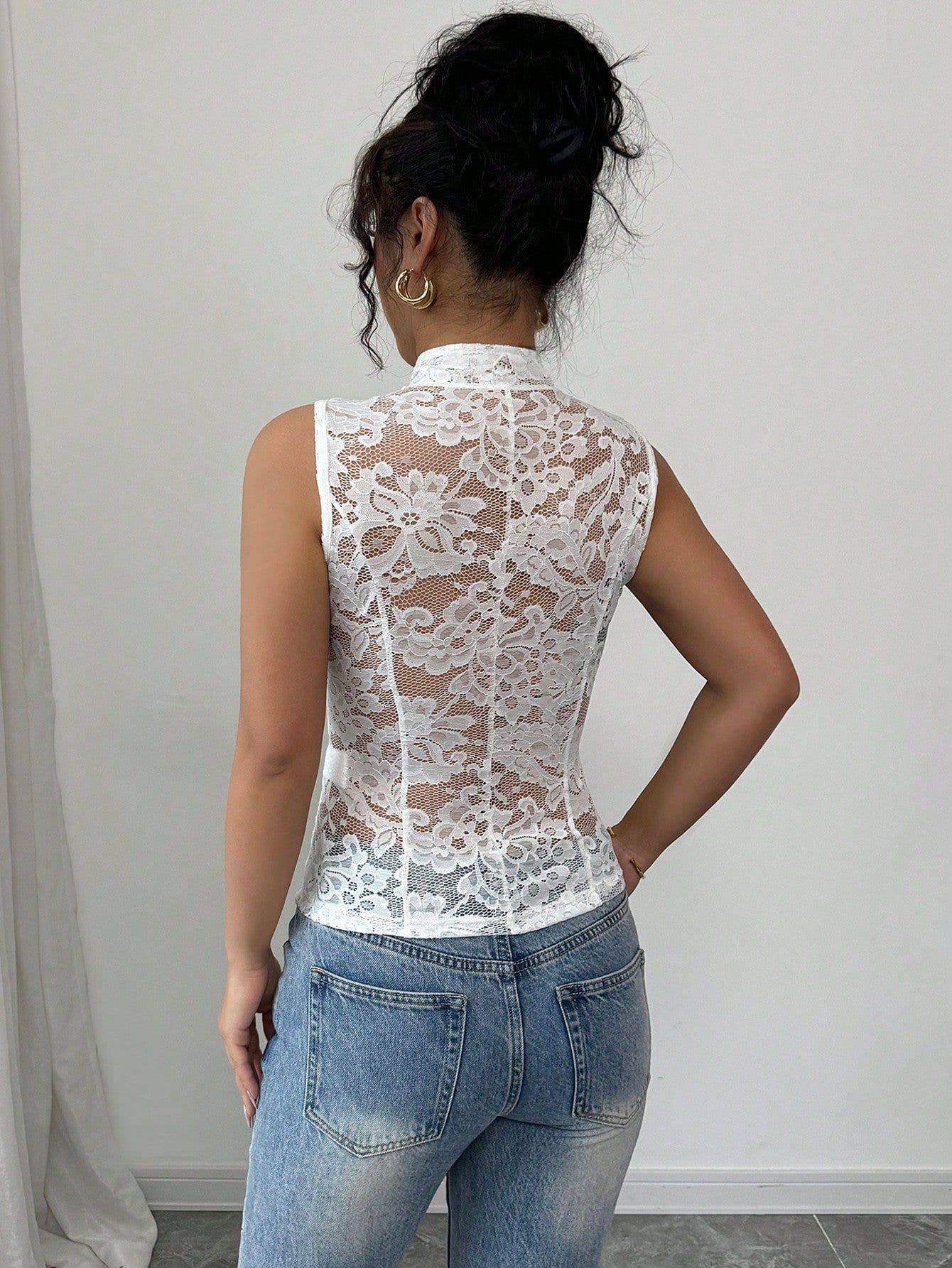 Hollowed-out jacquard see-through lace cardigan