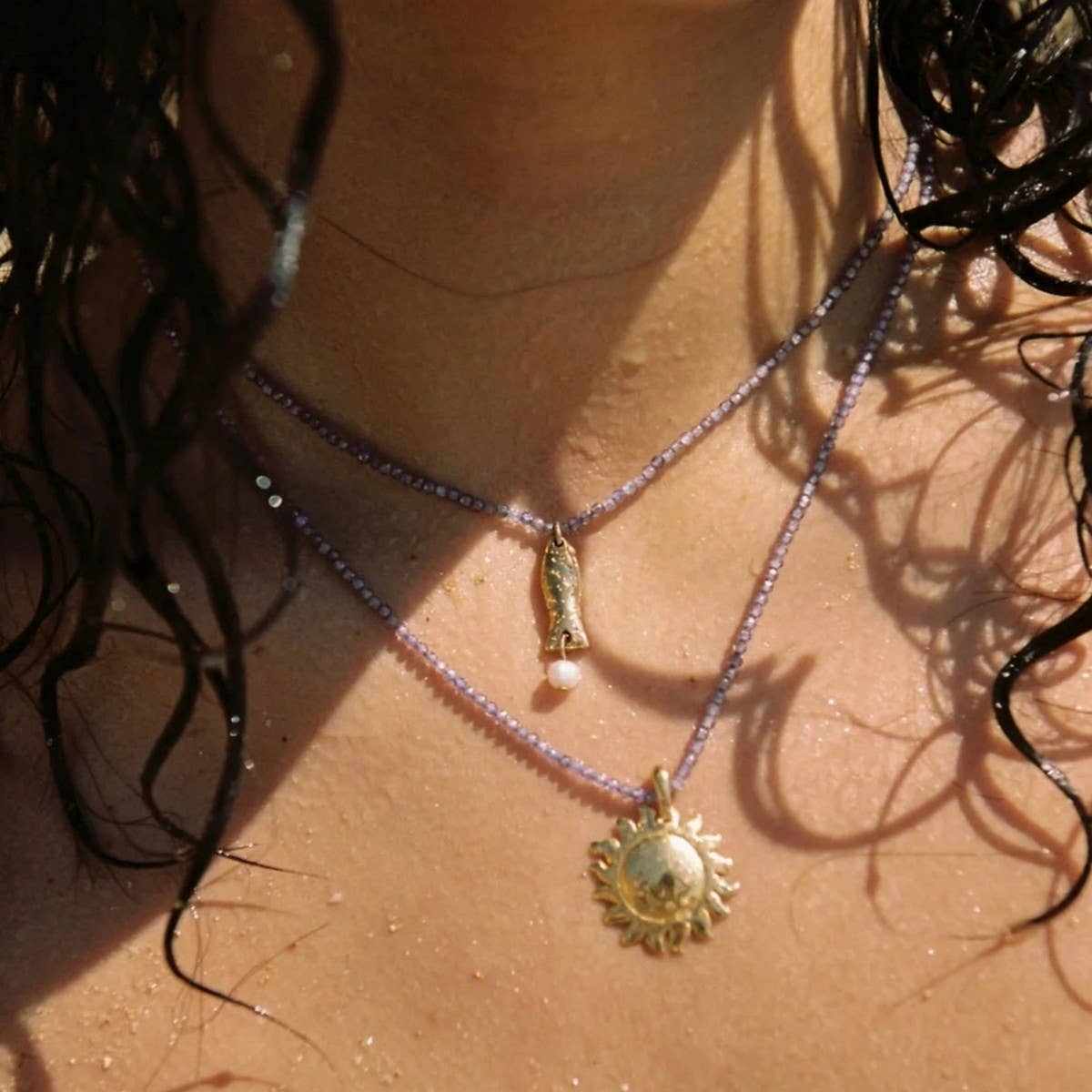 Gold Ocean Charms Necklace ? Fish & Shell Beads