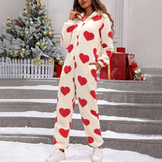 Plush love print Christmas hoodie romper