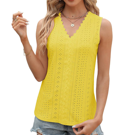 V-neck lace sleeveless solid color casual vest