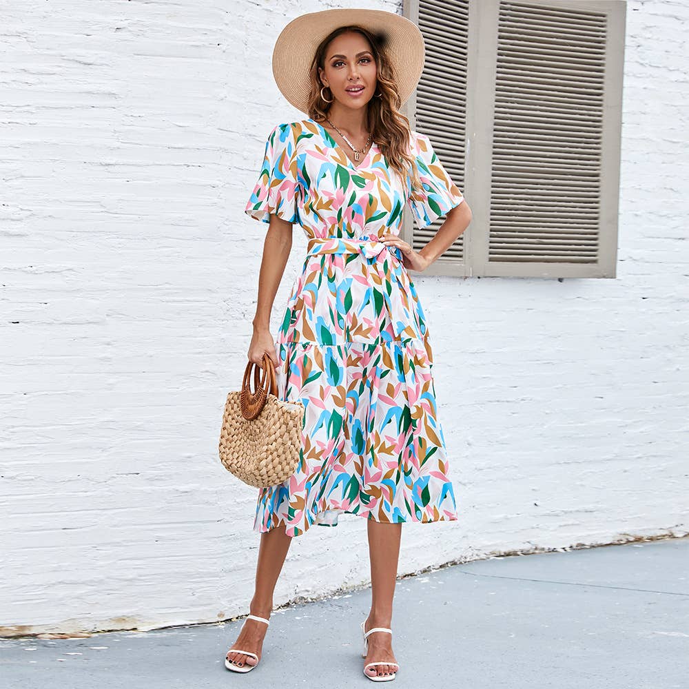 Puffy sleeve V-neck lace-up waist long dress