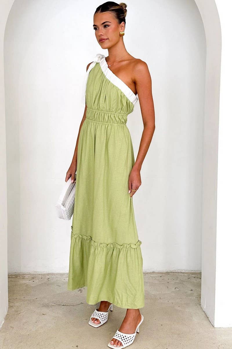 CWDMD5178_CASUAL WAIST SOLID COLOR ONE SHOULDER DRESS