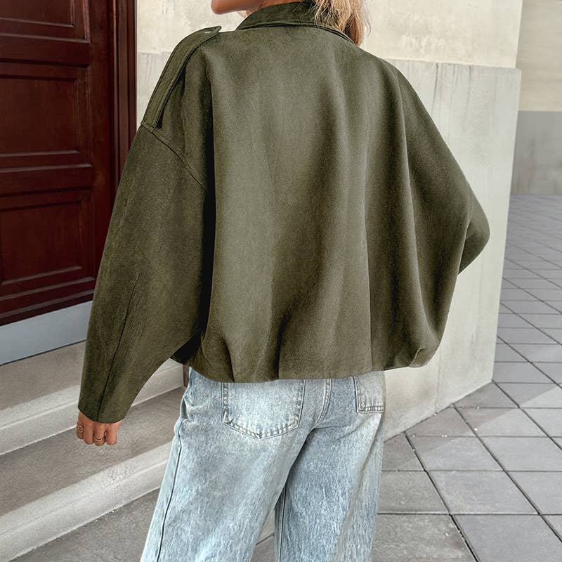 Suede-like velvet military green lapel jacket