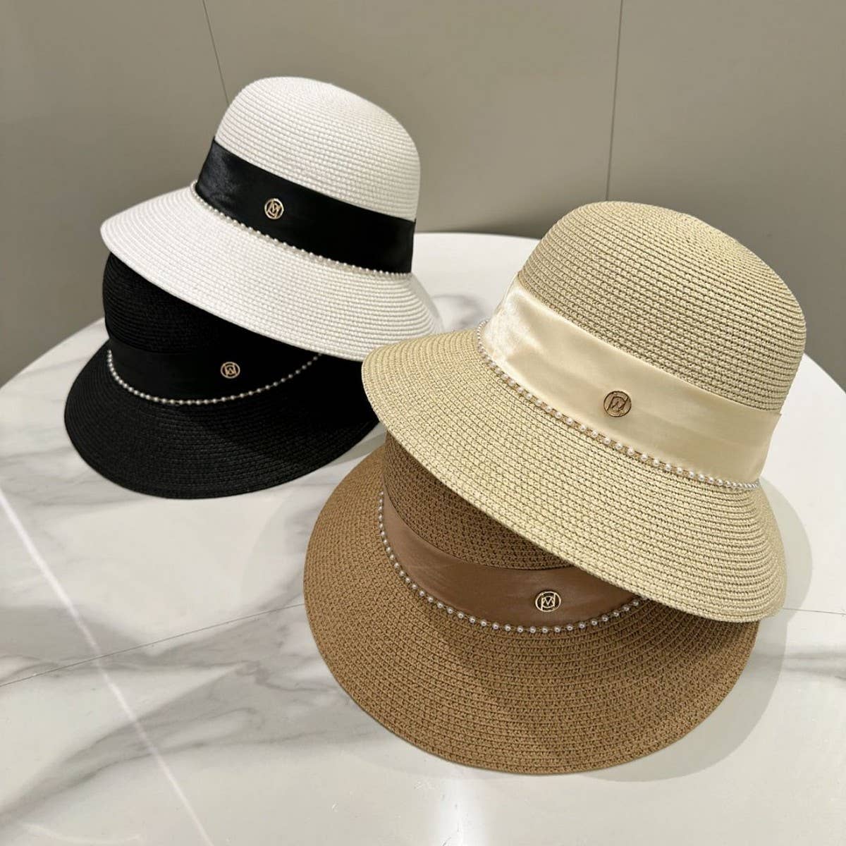 Summer dome pearl straw hat for women_CWAH3580