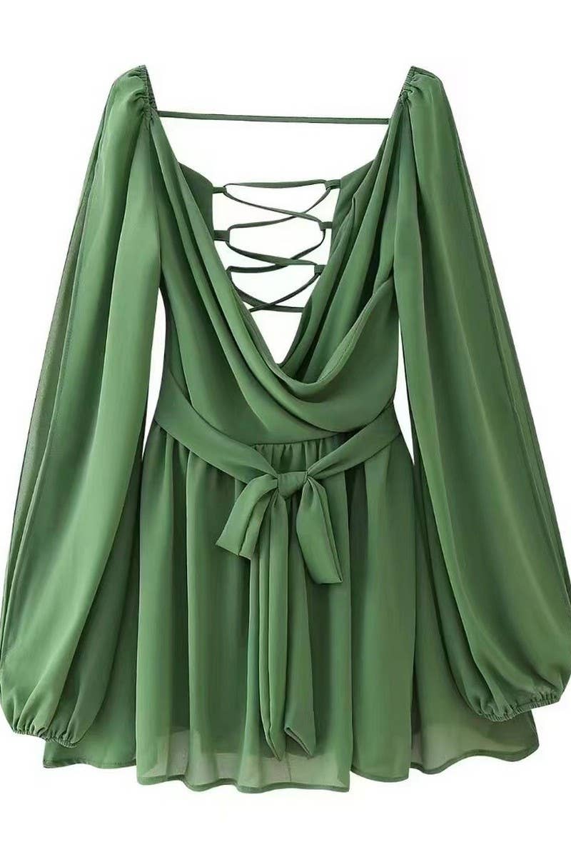 CWDSD6602_SOLID COLOR OFF-SHOULDER SLEEVES V-NECK DRESS