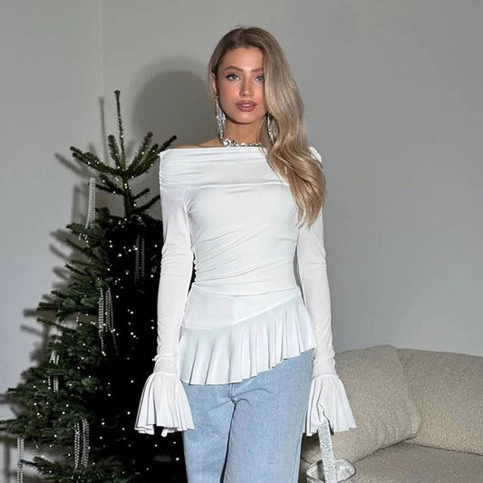 Solid color long-sleeved ruffled slim T-shirt