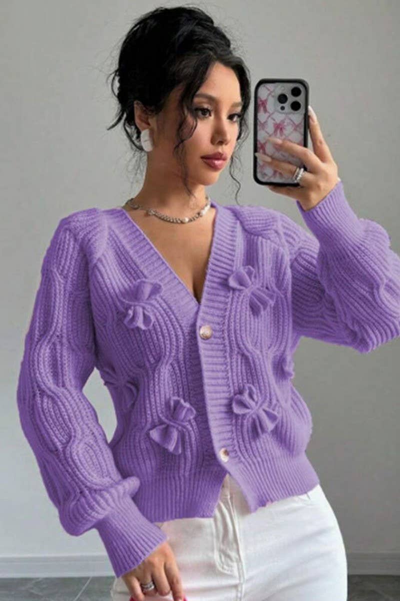 CWOCAL00687_SOLID LONG SLEEVE BOW KNIT CARDIGAN