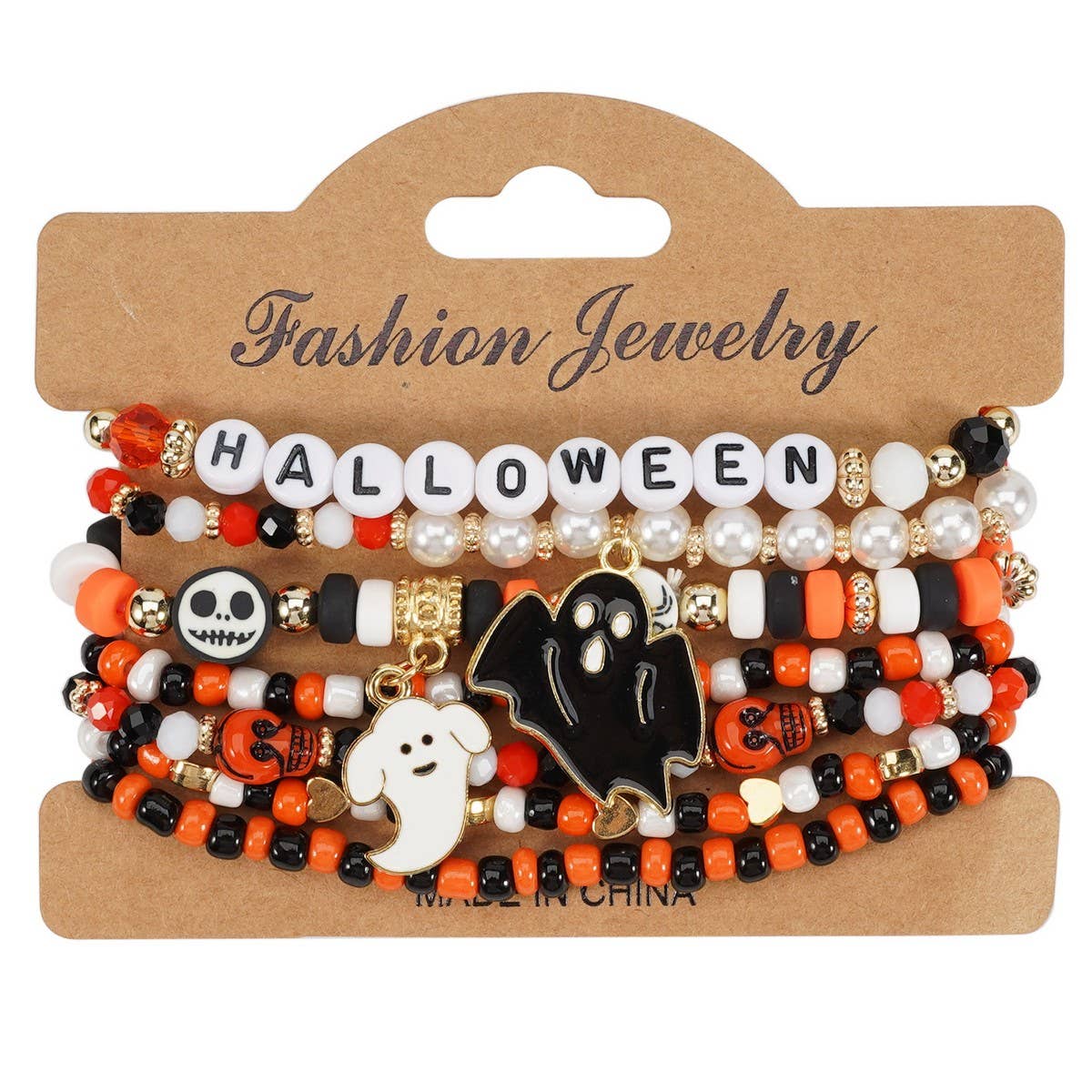 CWAJE05704_HALLOWEEN SKULL PUMPKIN GHOST BEADED BRACELET