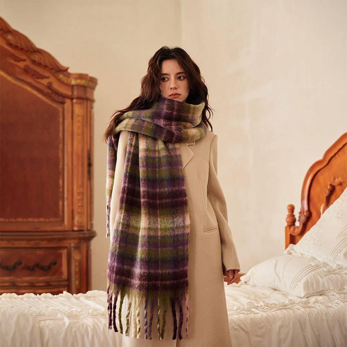 Colorblock Plaid Faux Cashmere Scarf for Winter