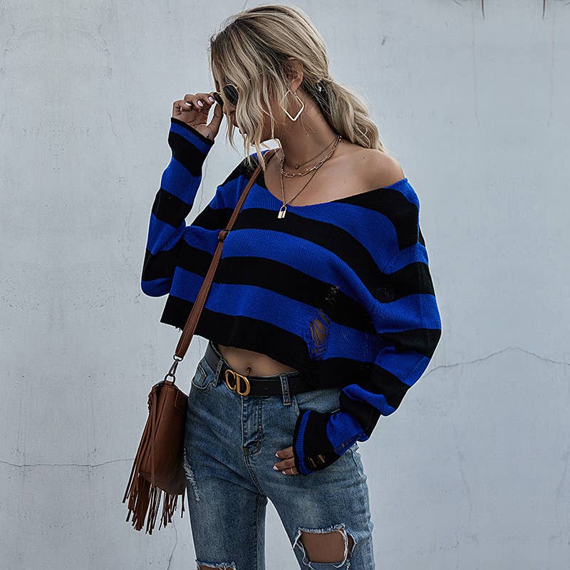 STRIPED V-NECK LOOSE SHORT RIPPED SWEATER
