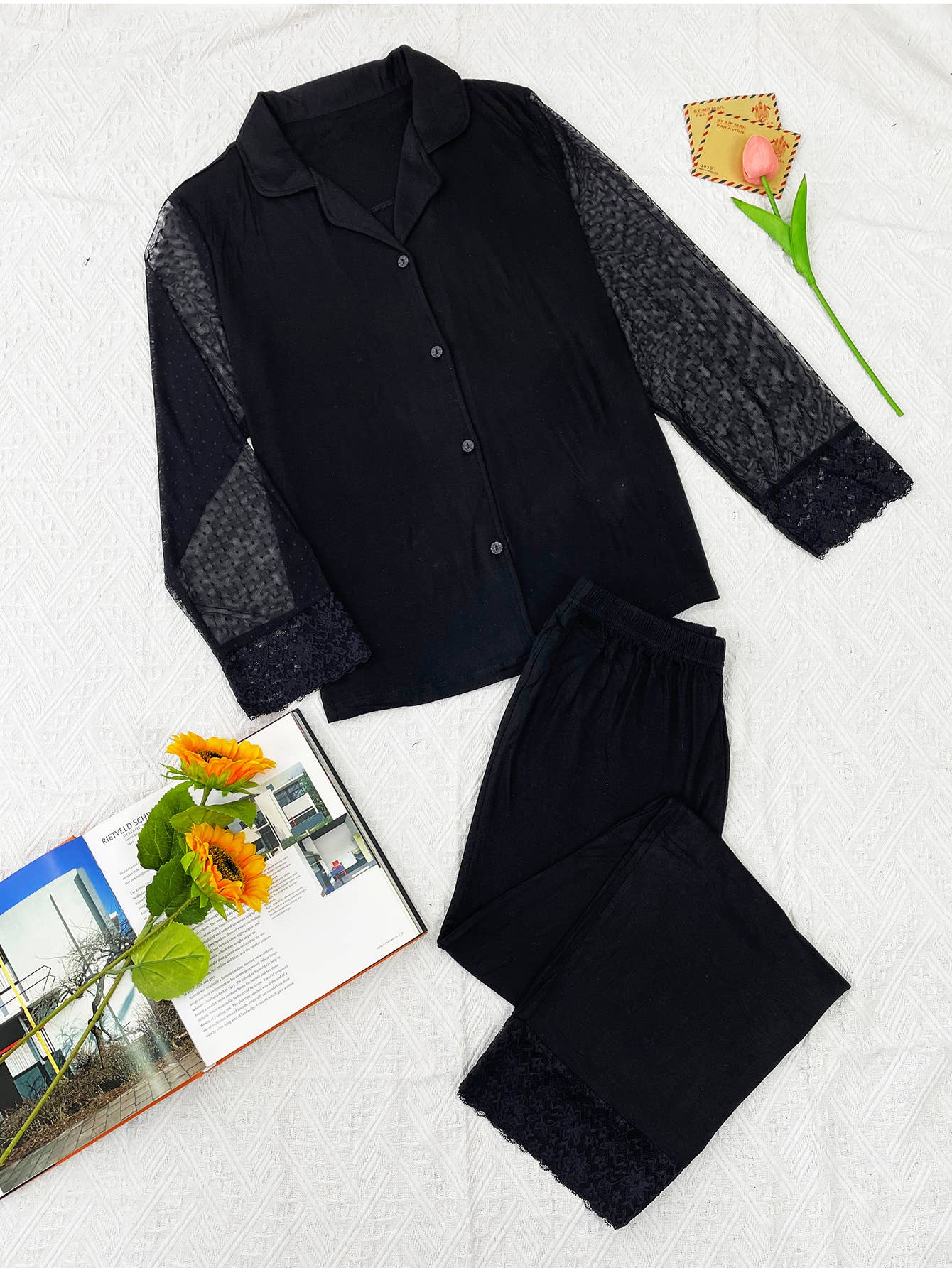 Mesh long-sleeved shirt long pants home wear set