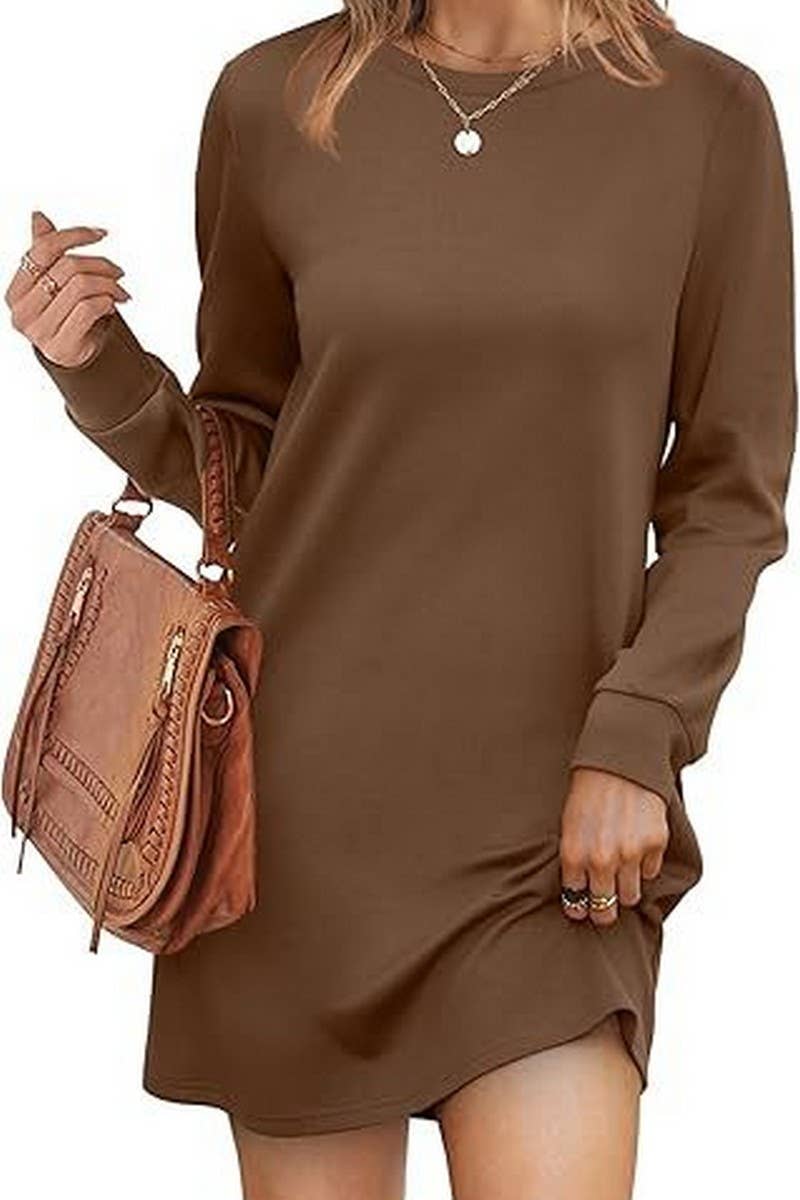 CWDSD8813_ROUND NECK POCKET LONG SLEEVE SWEATER DRESS