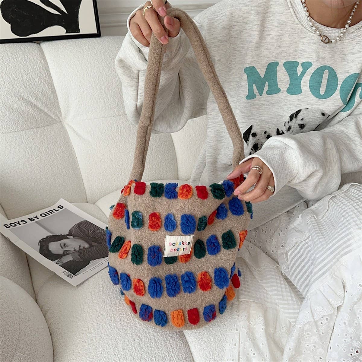 CWAB3896_PLUSH CROSSBODY HANDBAG SHOULDER BUCKET BAG