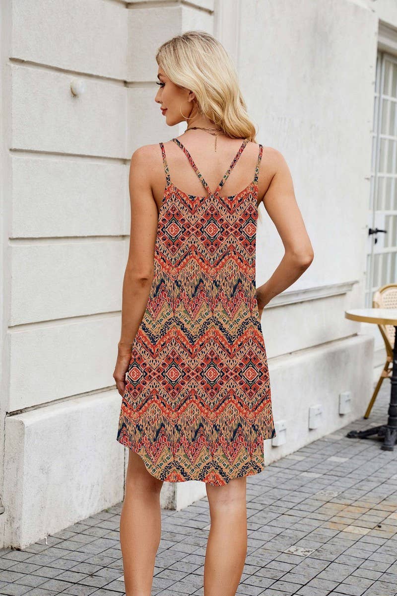 CWDSD7312_SLEEVELESS PRINTED CASUAL SUSPENDER DRESS