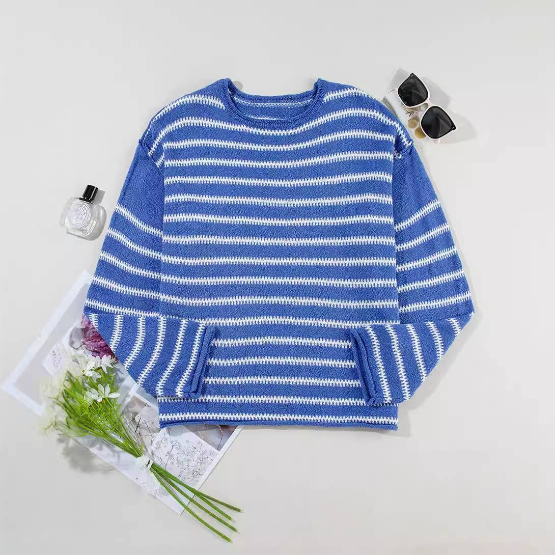 Stylish striped matching shoulder sweater lady