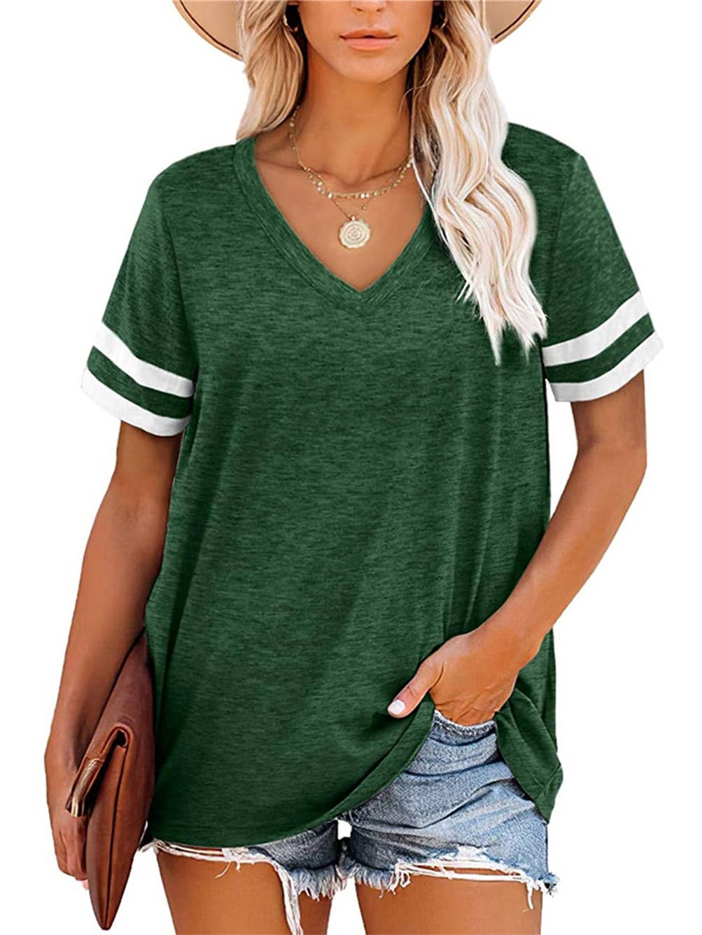 V-NECK SHORT SLEEVE COLOR MATCHING LOOSE TOP
