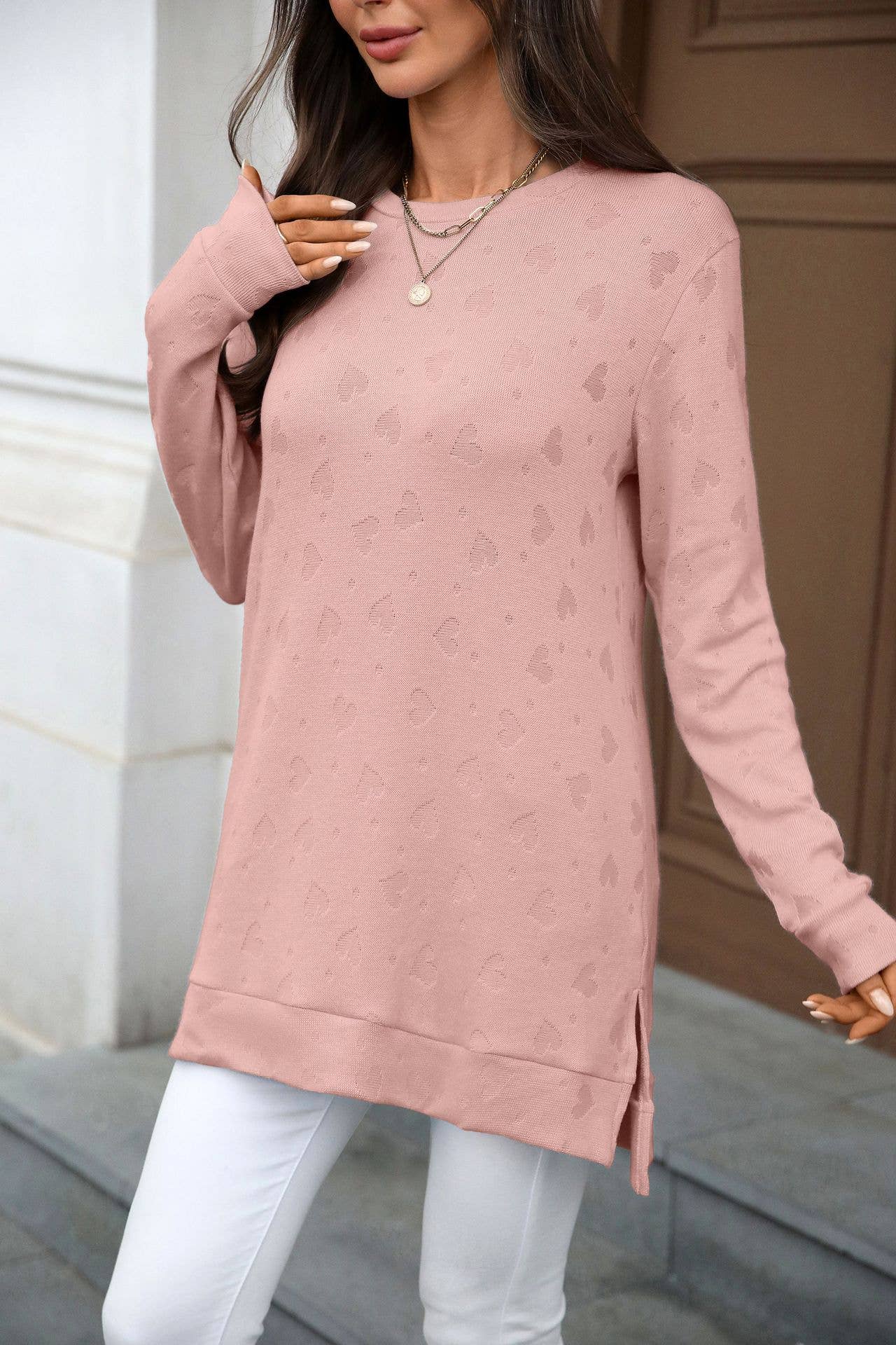Solid-color round-neck long-sleeved slit T-shirt