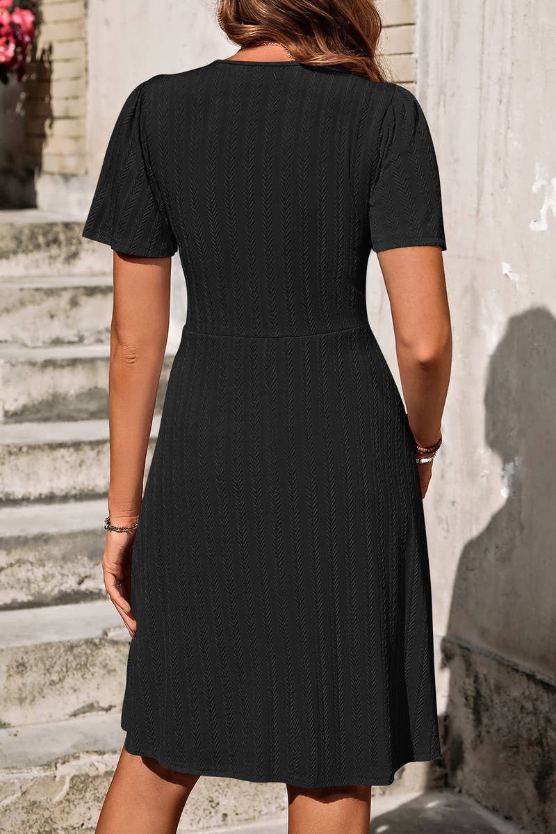 CWDSD6685_ROUND NECK BUTTON STRETCH SHORT SLEEVE DRESS