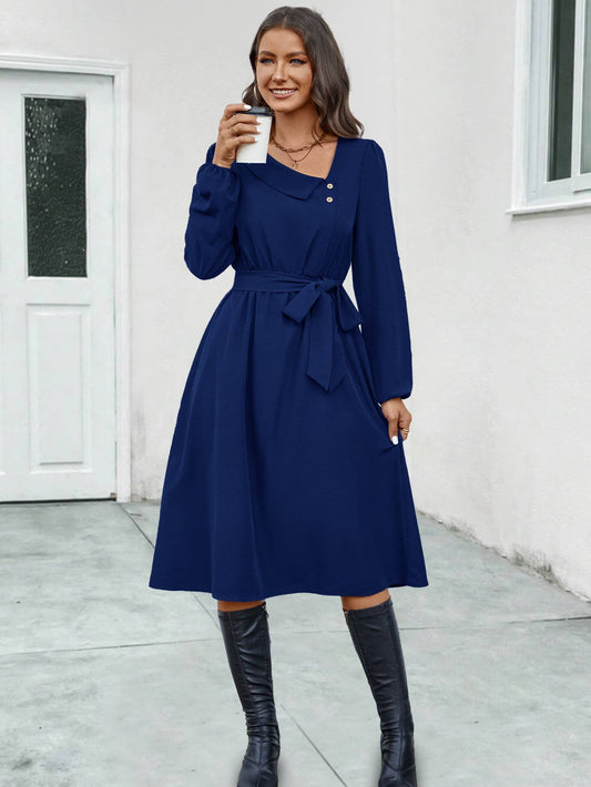 Irregularly collared button long-sleeved dress