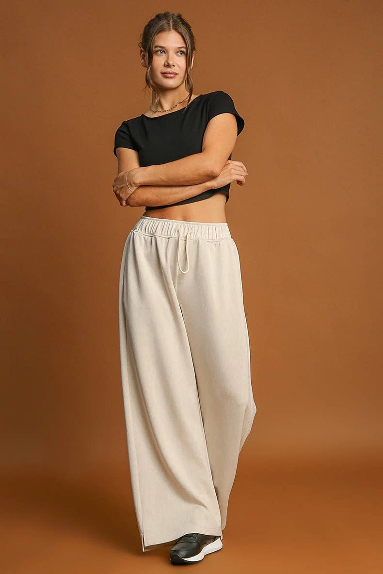 SIMPLE SOLID COLOR DRAWSTRING WIDE-LEG PANTS