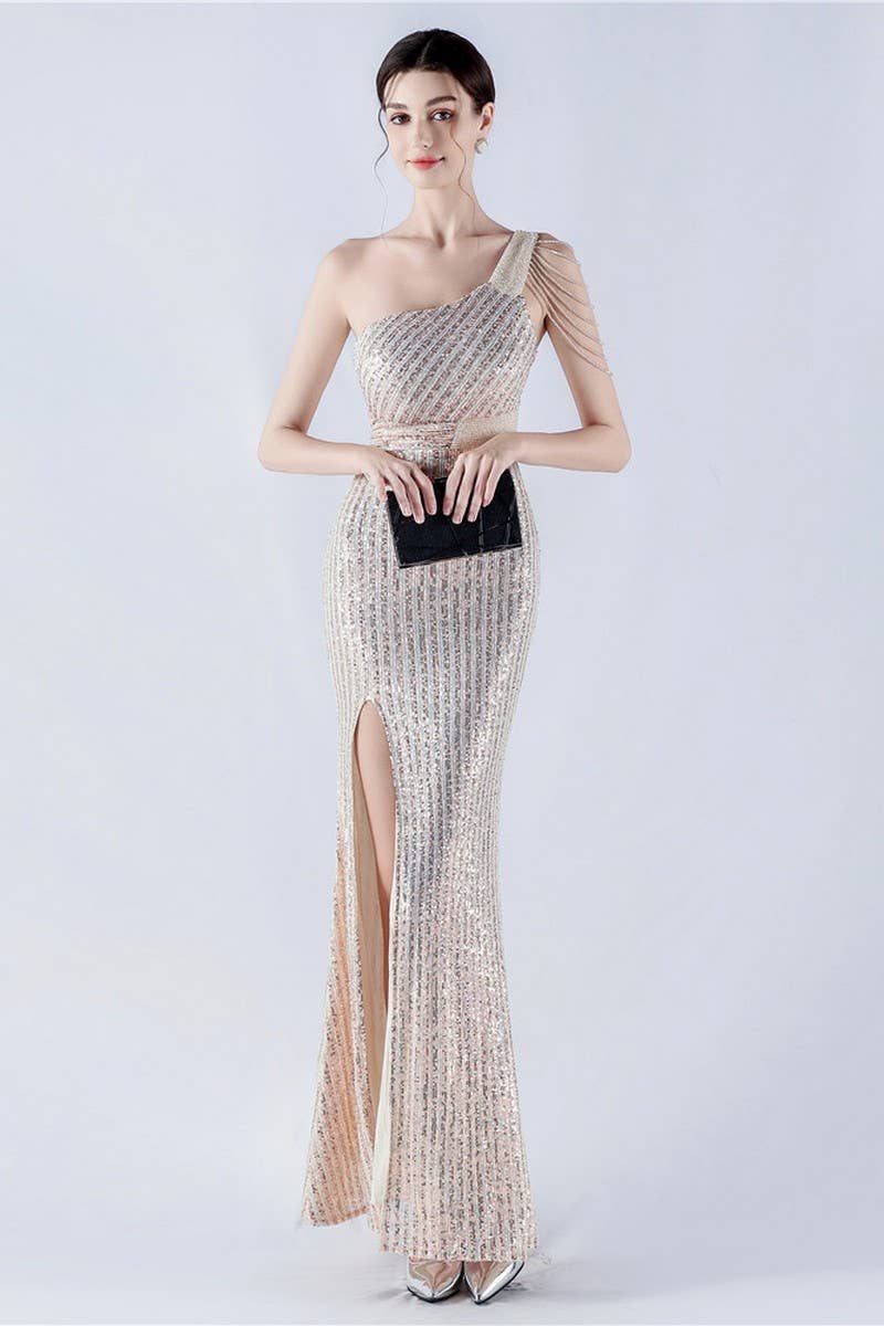 CWDMD4826_ONE-SHOULDER OFF-SHOULDER HIGH-SLIT SEQUINED DRESS