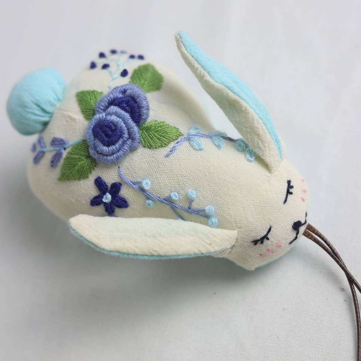 Hand-Embroidered Blue Rose Bunny Plush Charm