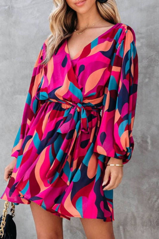 CWDSD5213_V-NECK LONG SLEEVE LACE-UP DRESS SHORT