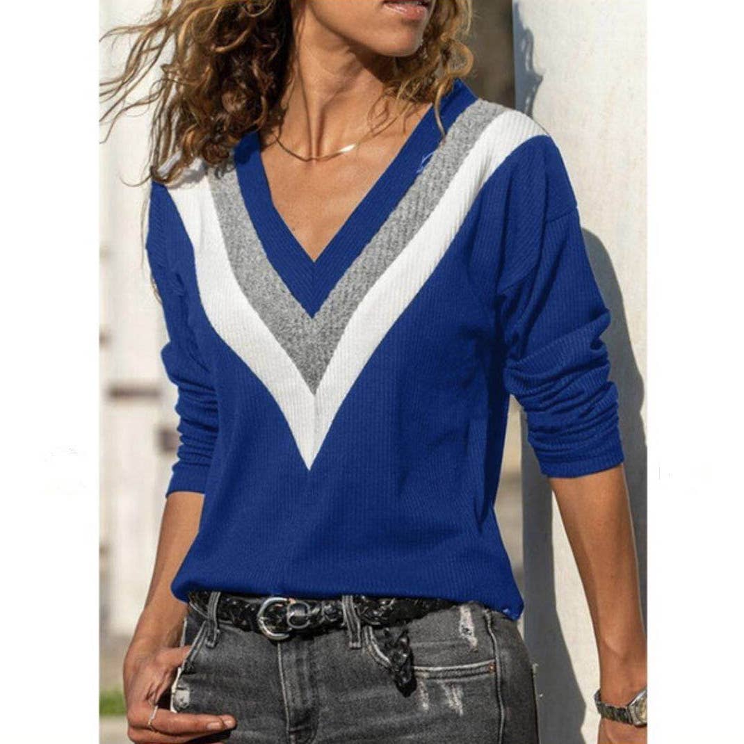 V-NECK LONG SLEEVE COLOR CONTRAST SWEATER