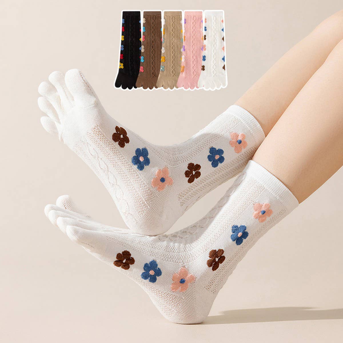 CWMS02729_WOMEN FIVE TOE CREW SOCKS CUTE FLORAL