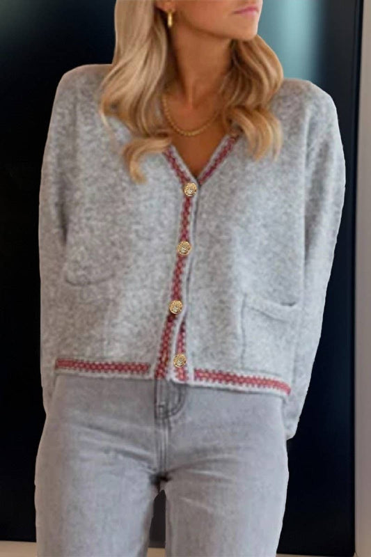CWOCAL00729_COLOR TRIM BUTTON FRONT LUXURY KNIT CARDIGAN