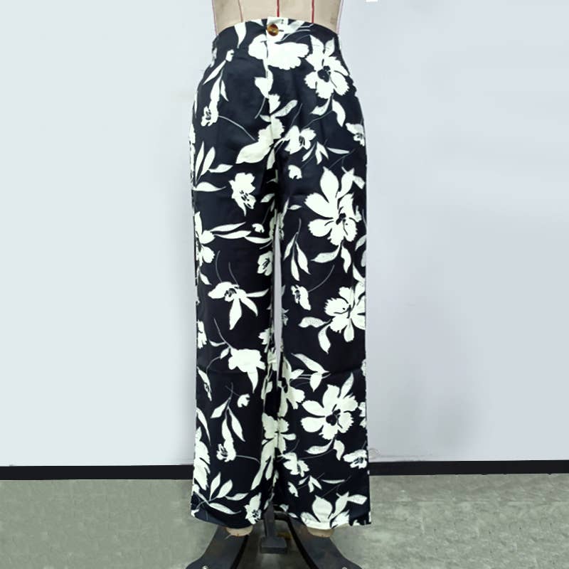 Leaf Print High Waist Wide Leg Trousers