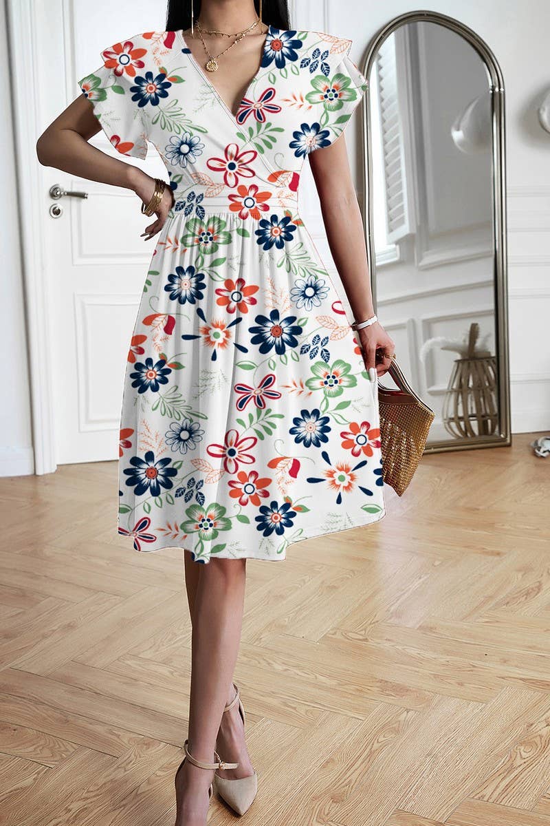 CWDMD5869_SOLID ELEGANT V-NECK SHORT SLEEVE MIDI DRESS